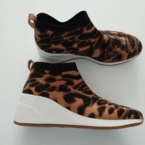 Alex Marie Halika Leopard Print Rhinestone Embellished Knit Wedge Sneakers. NWOB